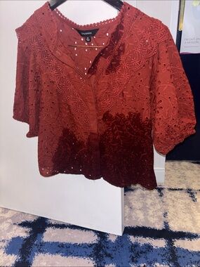 Neiman Marcus Rust Eyelet Lace Short Sleeve Blouse